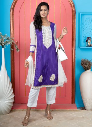 Embroidered Work Silk Salwar Suit In Violet