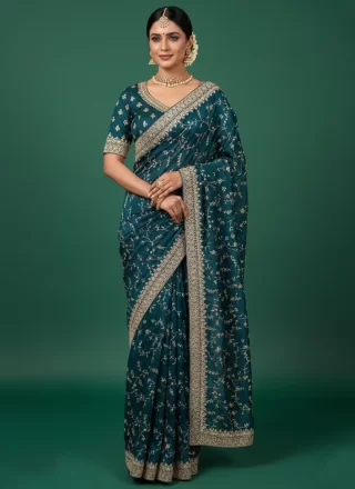 Embroidered Work Silk Trendy Saree In Teal for Ceremonial