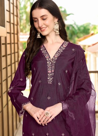 Embroidered Work Silk Trendy Suit In Wine