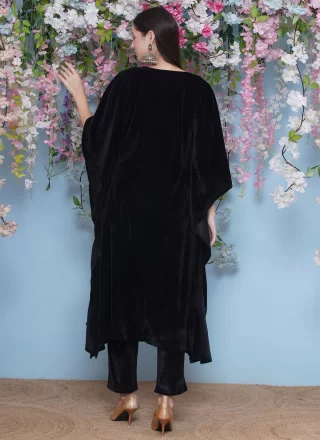 Embroidered Work Velvet Casual Kurti In Black