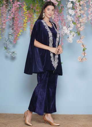 Embroidered Work Velvet  Designer Gown In Aqua Blue