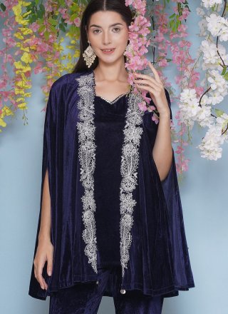 Embroidered Work Velvet  Designer Gown In Aqua Blue