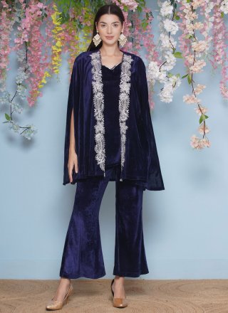 Embroidered Work Velvet  Designer Gown In Aqua Blue