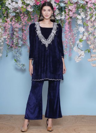Embroidered Work Velvet Designer Kurti In Aqua Blue