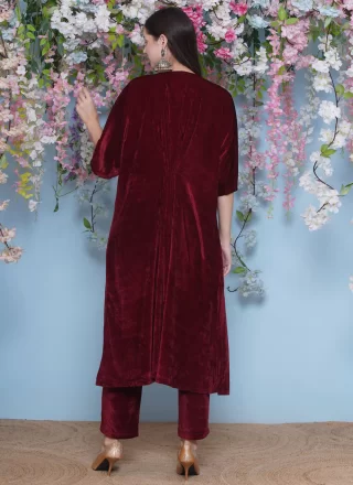 Embroidered Work Velvet Party Wear Kurti In Maroon
