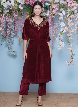 Embroidered Work Velvet Party Wear Kurti In Maroon