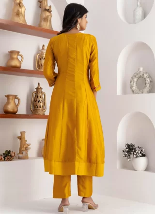 Embroidered Work Vichitra Silk Anarkali Suit In Yellow Color