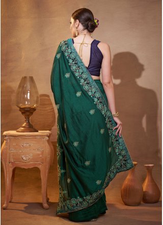 Embroidered Work Vichitra Silk Classic Sari In Green Color