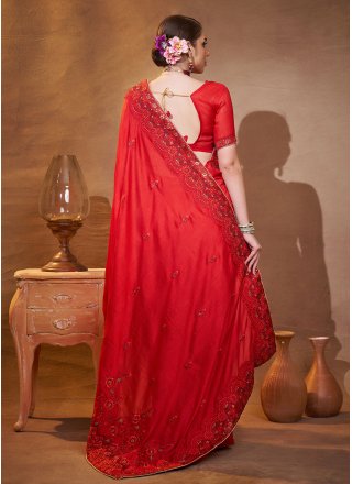 Embroidered Work Vichitra Silk Contemporary Sari In Red for Ceremonial