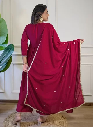 Embroidered Work Vichitra Silk Salwar Suit In Red Color