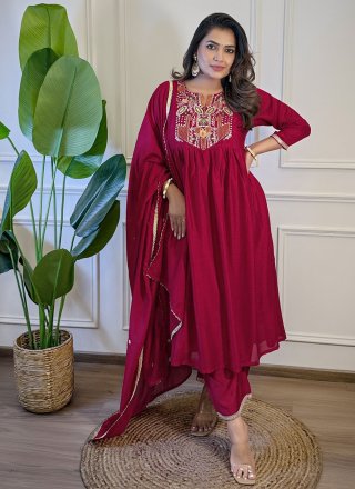Embroidered Work Vichitra Silk Salwar Suit In Red Color