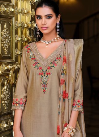 Embroidered Work Viscose Salwar Suit In Brown and Grey Colour