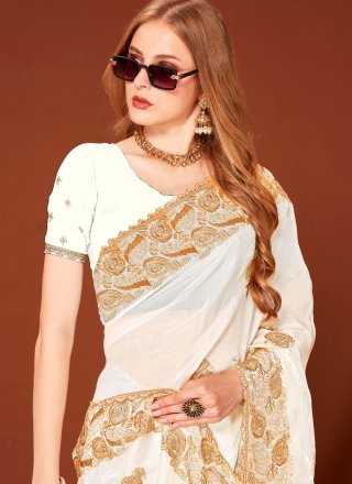 Embroidered, Zari and Zircon Work Fandy Designer Saree In White
