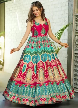 Energetic Multi Colour Silk Gown with Digital Print Work