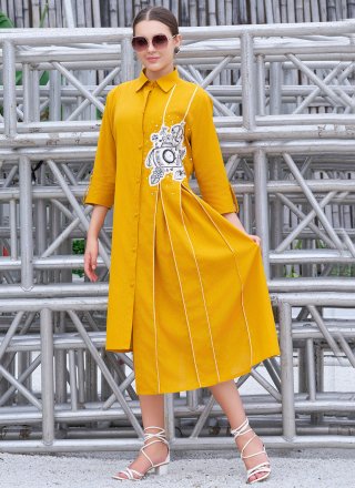 Energetic Mustard Cotton Designer Kurti with Fancy Work