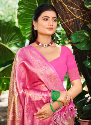 Energetic Pink Kanjivaram Silk Trendy Saree