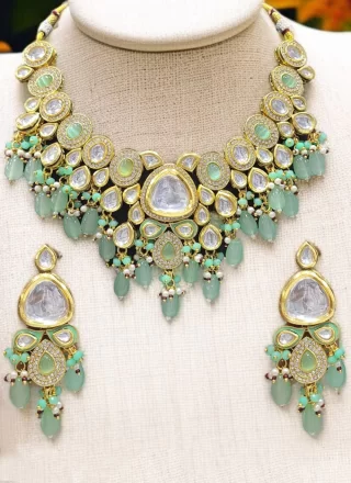 Energetic Sea Green Beads, Moti and Stone Work Necklace Set