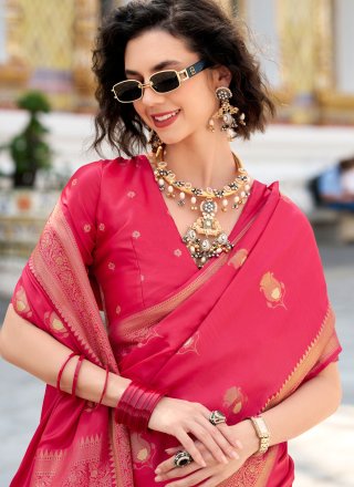 Engrossing Hot Pink Satin Silk Traditional Saree with Weaving and Zari Work