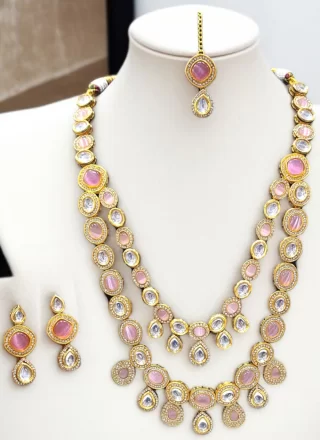 Engrossing Pink Stone Work Necklace Set