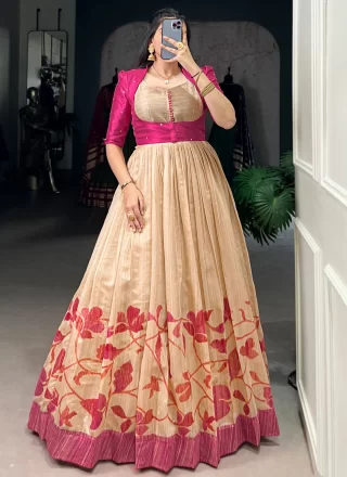 Enthralling Magenta Silk  Designer Gown with Print Work