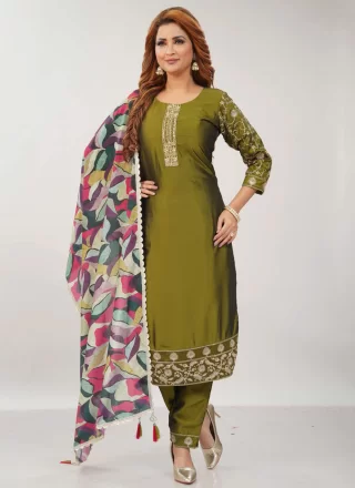 Entrancing Green Silk Salwar Suit with Embroidered and Zari Work