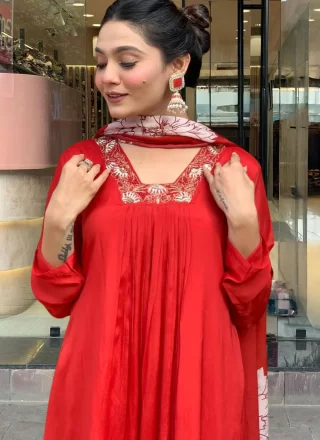 Entrancing Red Rayon Salwar Suit