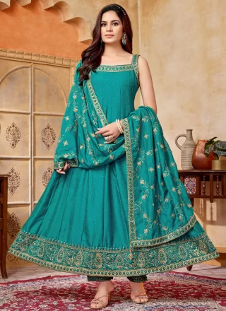 Epitome Sea Green Silk Anarkali Suit with Embroidered Work