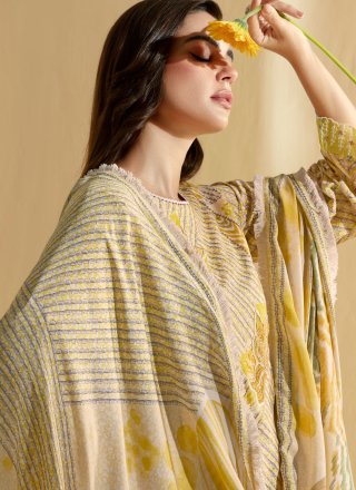 Especial Mustard Cotton Lawn Salwar Suit with Beads, Digital Print, Embroidered, Resham and Sequins Work