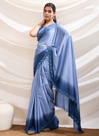 Excellent Blue Pure Crepe Classic Sari with Cut and Swarovski Work