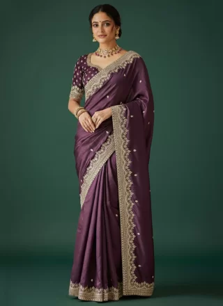 Excellent Purple Satin Contemporary Sari with Embroidered and Zari Work