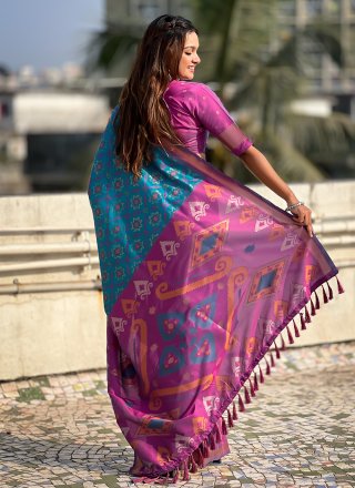 Excellent Teal Patola Silk Contemporary Sari with Meenakari and Woven Work