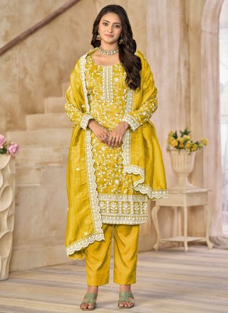 Excellent Yellow Organza Salwar Suit