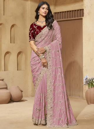 Exceptional Pink Georgette Trendy Saree with Cord, Diamond and Thread Work