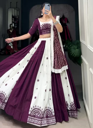 Exceptional Purple and White Cotton Readymade Lehenga Choli