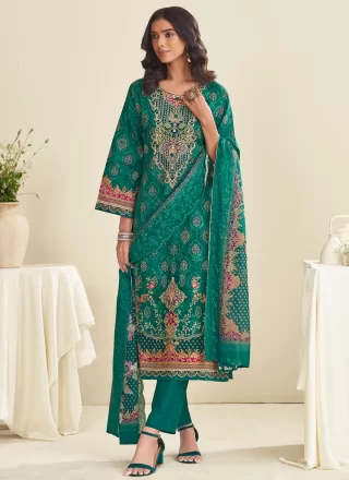 Exceptional Teal Cotton Salwar Suit with Digital Print and Embroidered Work