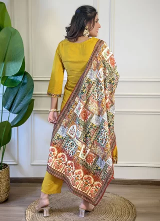 Exotic Mustard Viscose Salwar Suit with Embroidered and Print Work