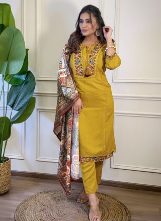 Exotic Mustard Viscose Salwar Suit with Embroidered and Print Work