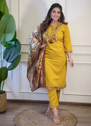 Exotic Mustard Viscose Salwar Suit with Embroidered and Print Work