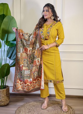 Exotic Mustard Viscose Salwar Suit with Embroidered and Print Work