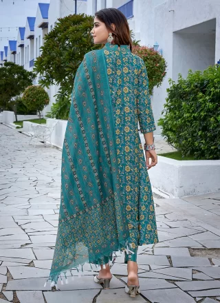 Exquisite Teal Viscose Salwar Suit with Print Work