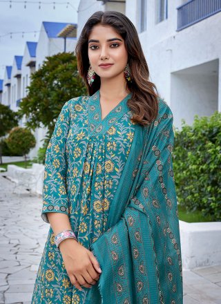Exquisite Teal Viscose Salwar Suit with Print Work