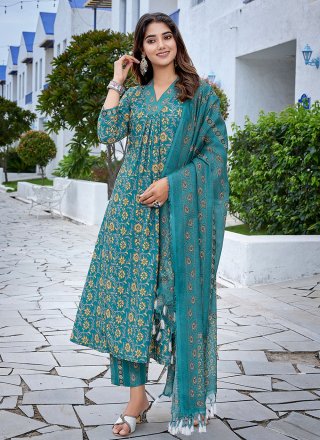 Exquisite Teal Viscose Salwar Suit with Print Work
