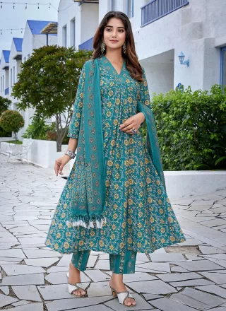 Exquisite Teal Viscose Salwar Suit with Print Work