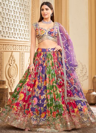 Extraordinary Multi Colour Chinon Readymade Lehenga Choli with Embroidered, Print, Sequins and Zari Work