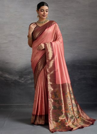 Extraordinary Pink Kanjivaram Silk Traditional Saree with Meenakari, Weaving and Zari Work