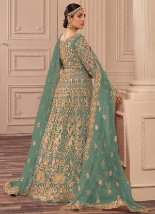 Exuberant Aqua Blue Net  Designer Gown with Embroidered and Zari Work