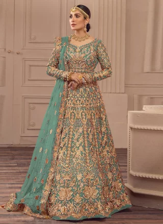 Exuberant Aqua Blue Net  Designer Gown with Embroidered and Zari Work