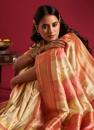 Exuberant Cream and Pink Silk Classic Sari