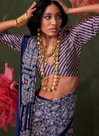 Eye-Catchy Blue Pure Crepe Classic Sari with Print Work