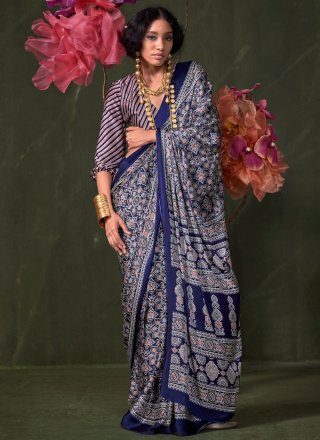 Eye-Catchy Blue Pure Crepe Classic Sari with Print Work